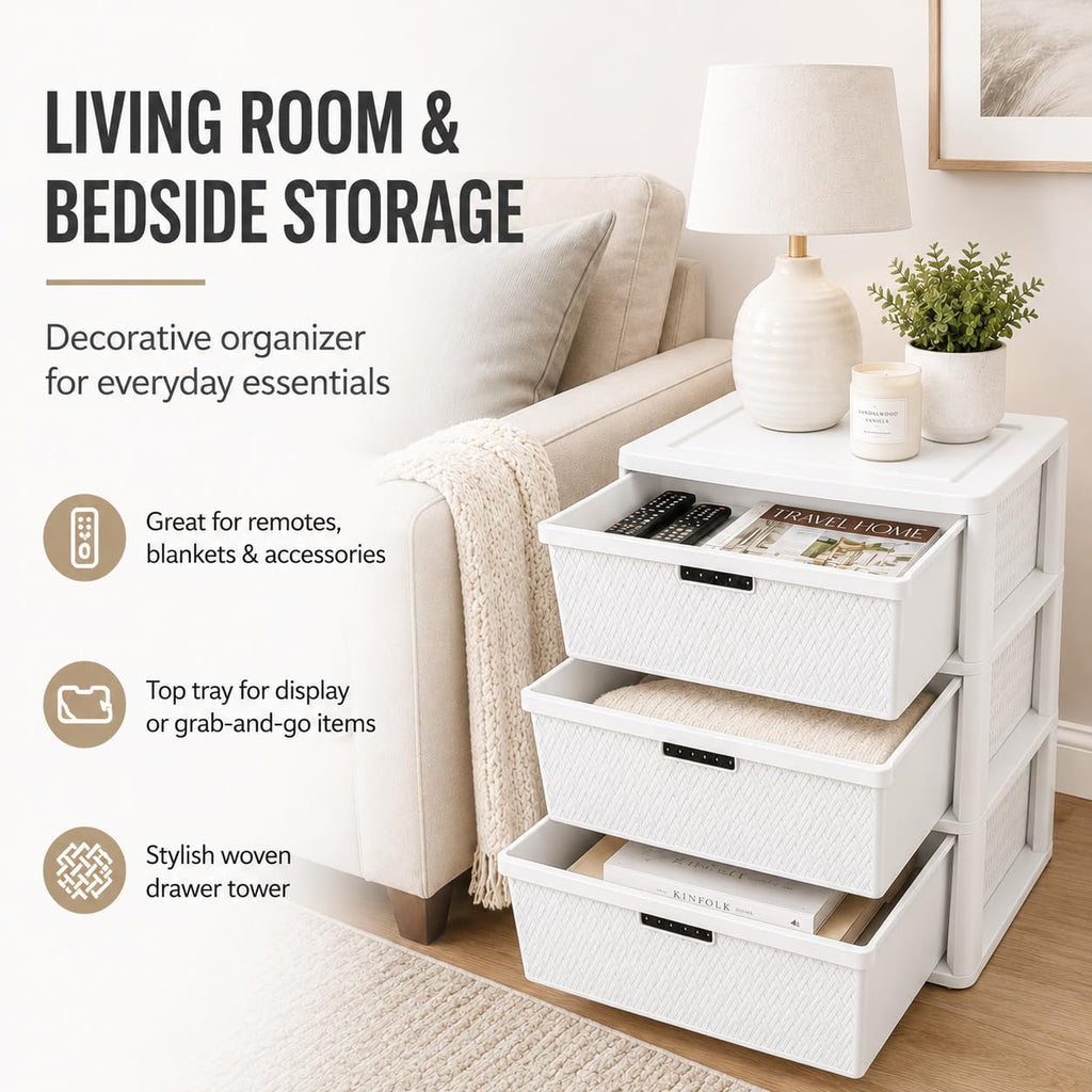 Wide 3-Drawer Plastic Storage Tower with Removable Bins Y46421