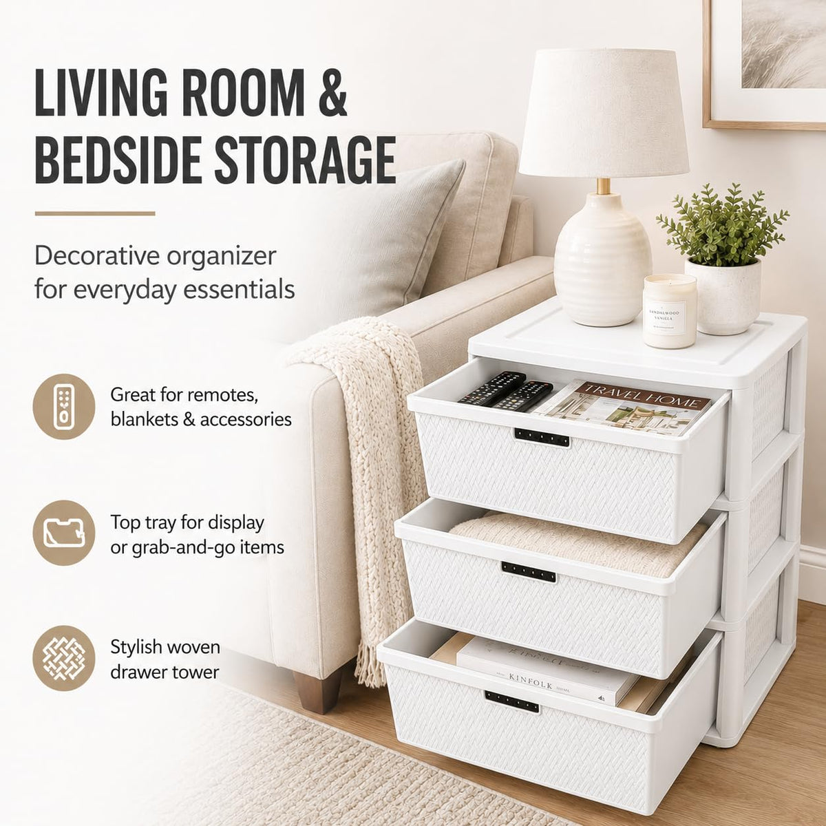 Wide 3-Drawer Plastic Storage Tower with Removable Bins Y46421