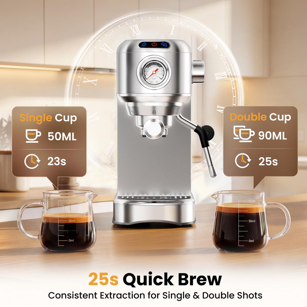 20 Bar Compact Stainless Steel Espresso Machine with Milk Frother D722