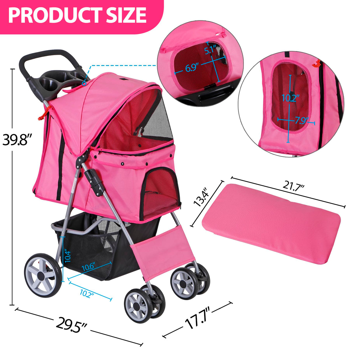 4 Wheels Folding Dog Stroller with Storage Basket, Pink C55872