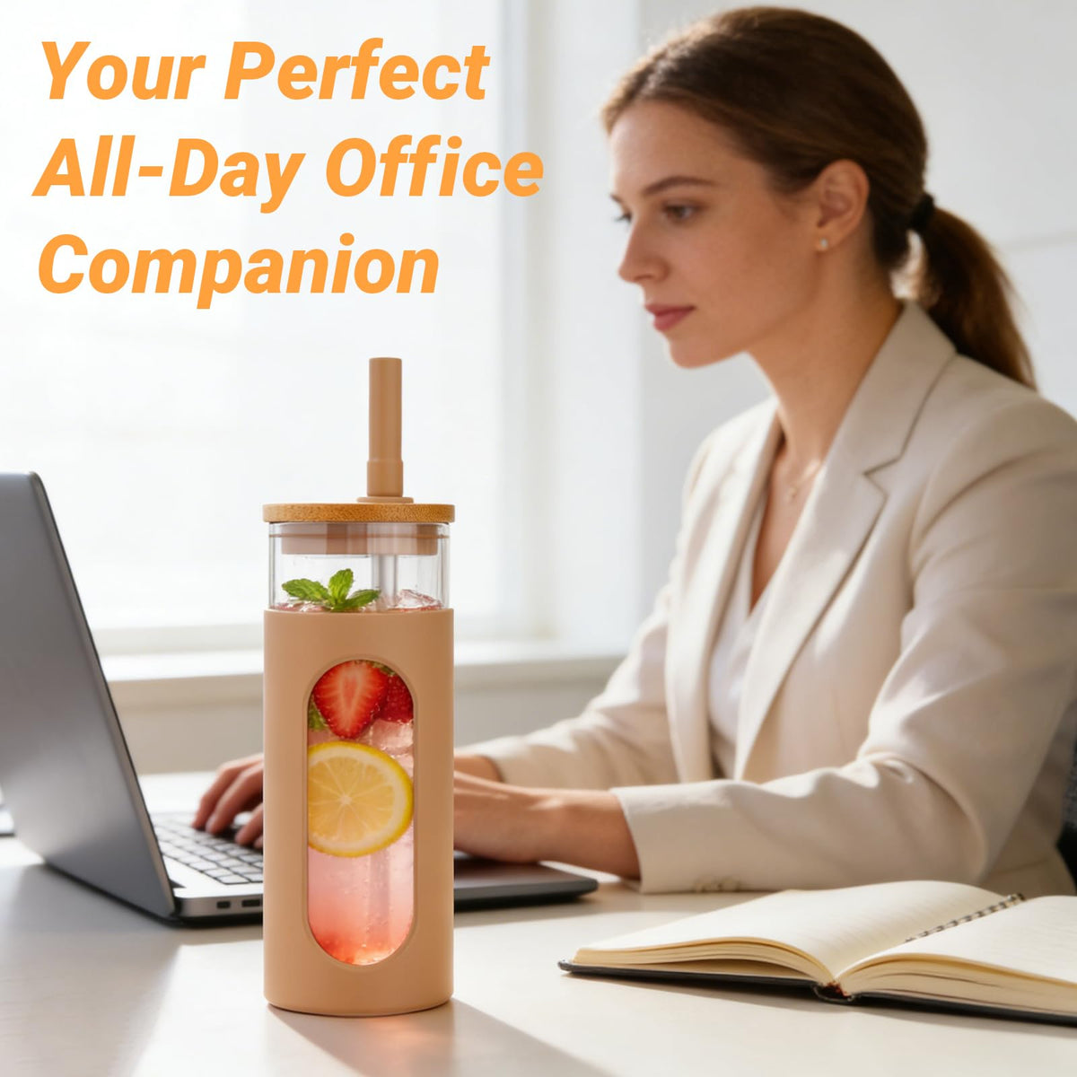 22 oz Glass Tumbler with Lid & Straw E8530