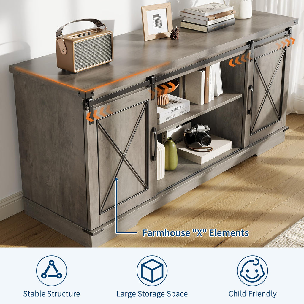 Farmhouse TV Stand 65+ inch with Sliding Barn Doors and Storage Cabinets L9457