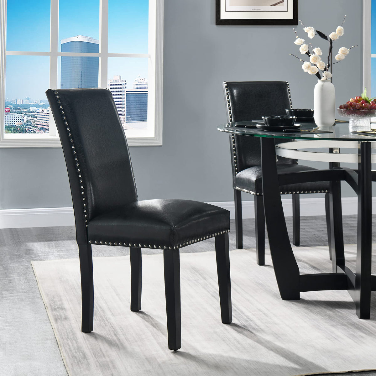 Set of 4 PU Leather Upholstered Dining Chairs with Solid Wood Legs Y712158