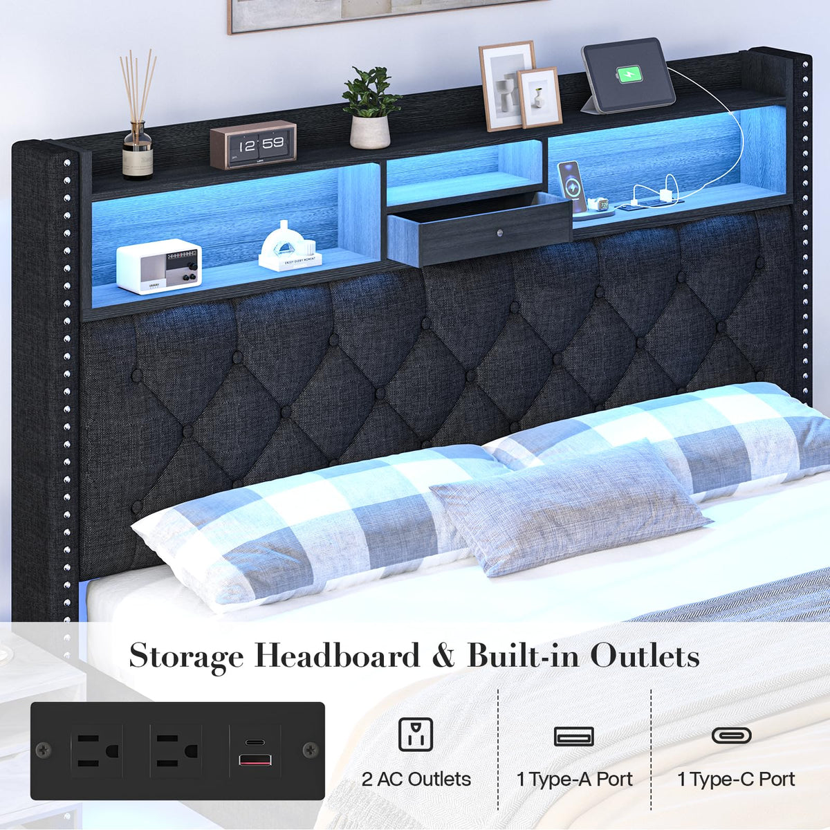 Queen Size Black Upholstered Platform Bed Frame with Storage Headboard and 2 Drawers E5113