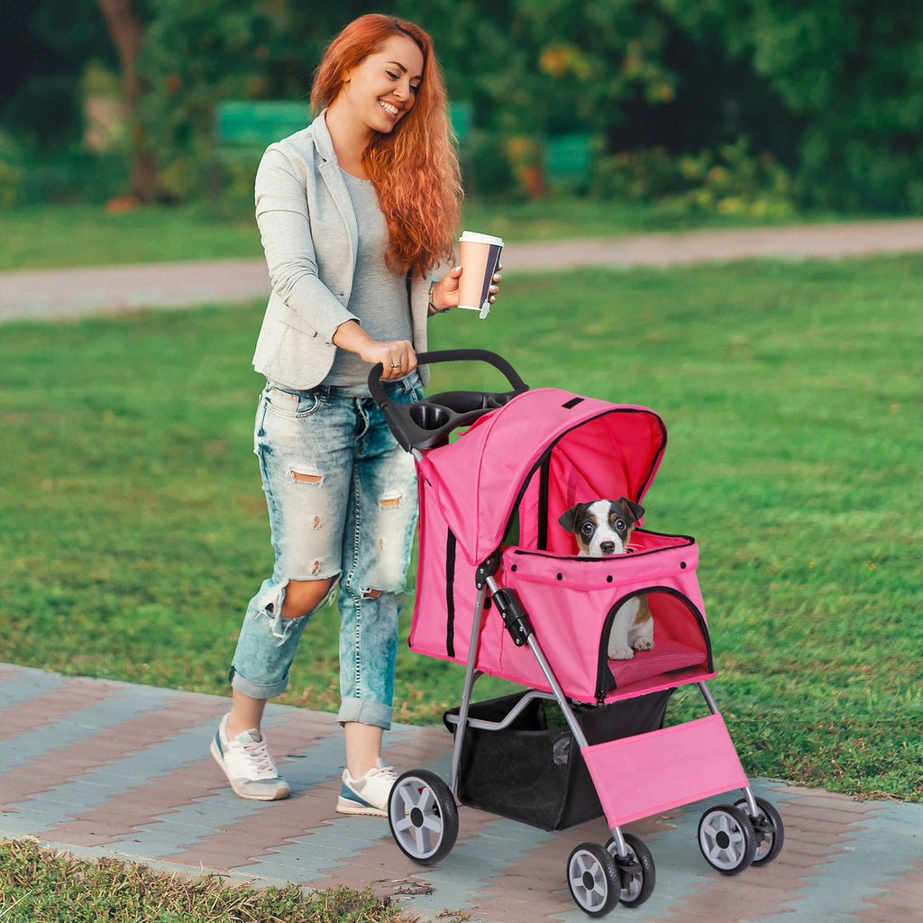 4 Wheels Folding Dog Stroller with Storage Basket, Pink C55872