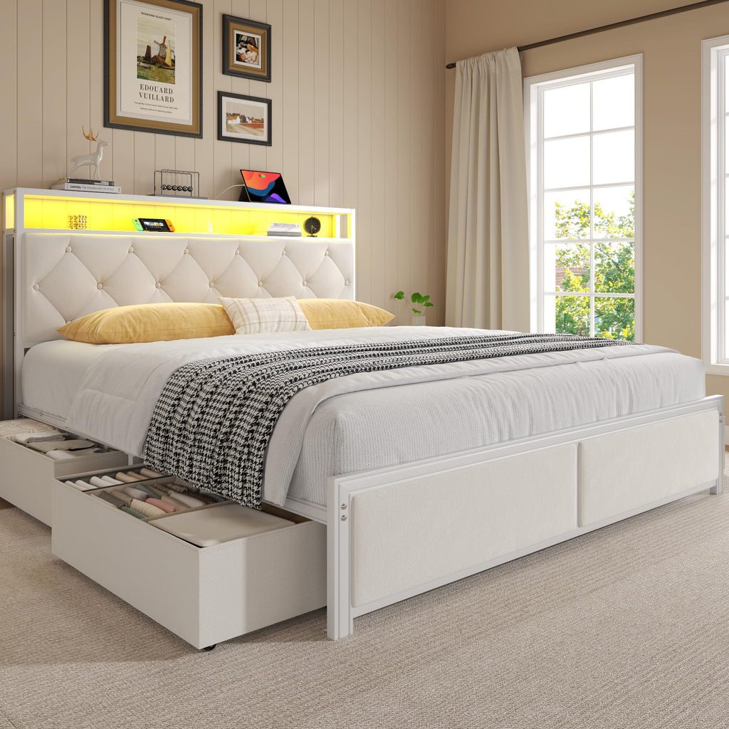 Queen Size Bed Frame with Headboard, Storage Drawers, Charging Station, Led Lights, Metal Structure, Beige E909