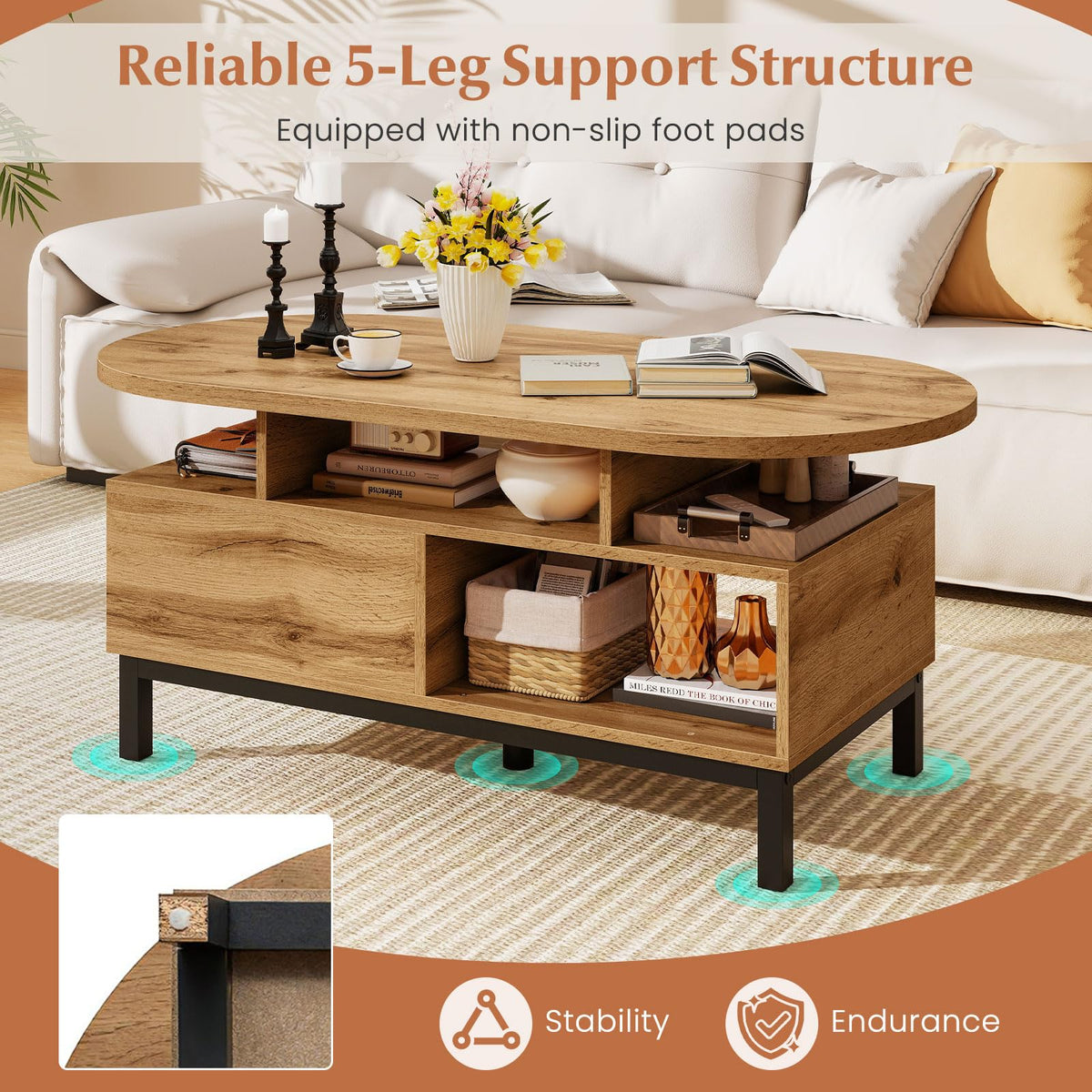 47" Oval Wood Coffee Table with Storage U588