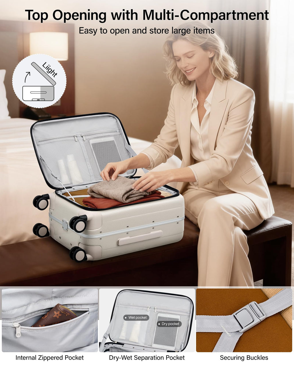 20 Inch Carry On Luggage with Wheels PC Hard Shell Suitcase E55684
