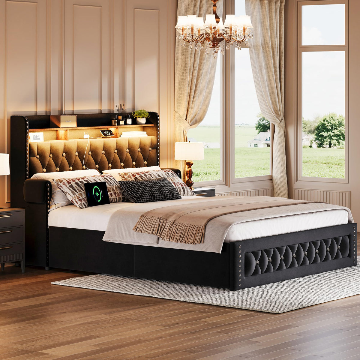 Queen Size Velvet Upholstered Platform Bed with 4 Storage Drawers C485057