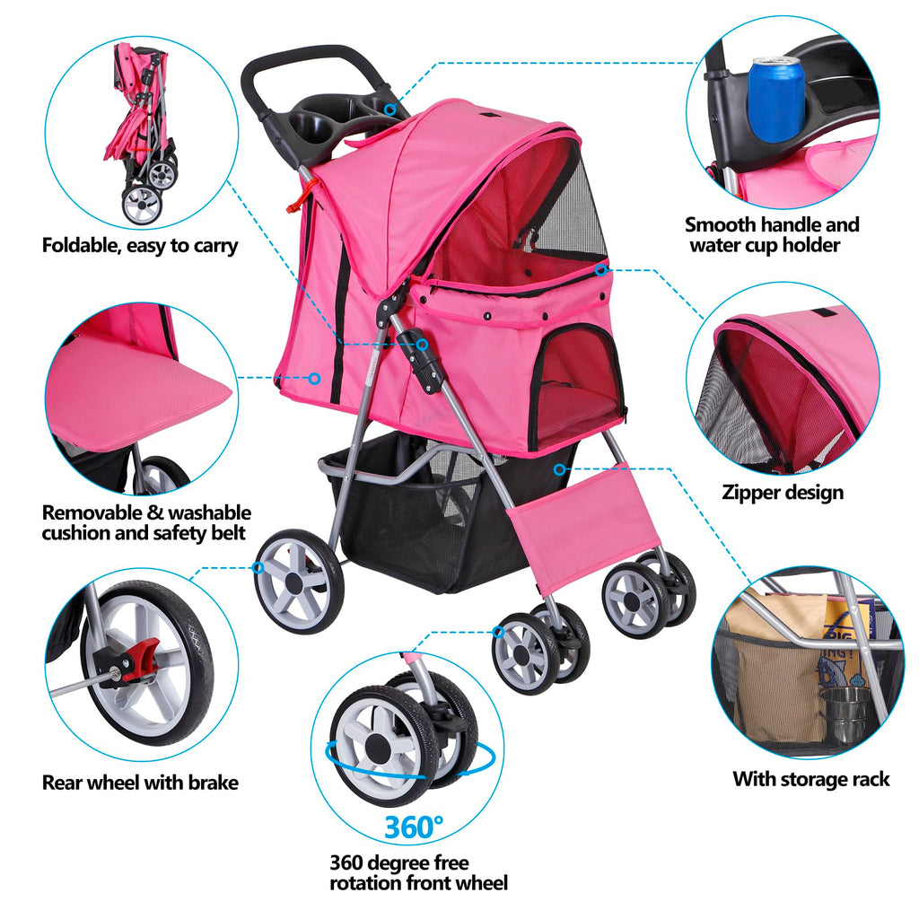 4 Wheels Folding Dog Stroller with Storage Basket, Pink C55872
