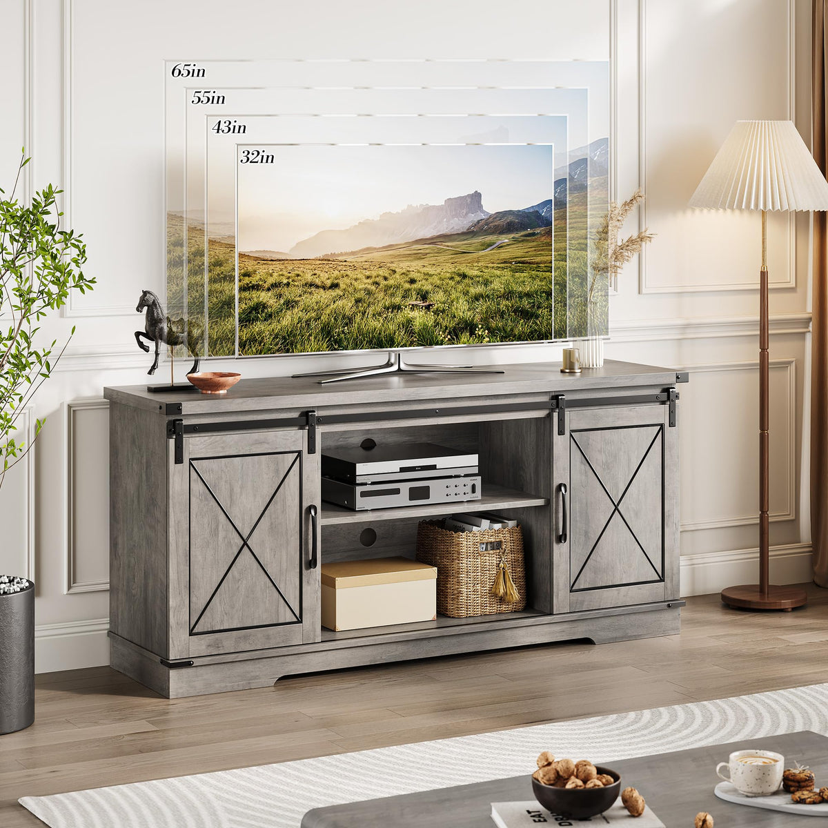 Farmhouse TV Stand 65+ inch with Sliding Barn Doors and Storage Cabinets L9457