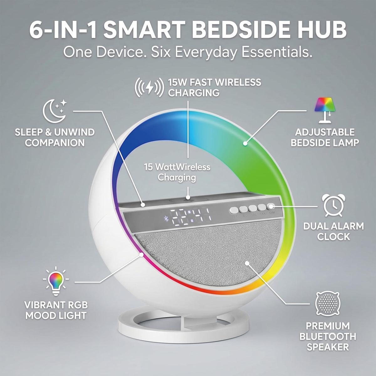 6-in-1 RGB LED Table Lamp with Bluetooth Speaker & Wireless Charging I151