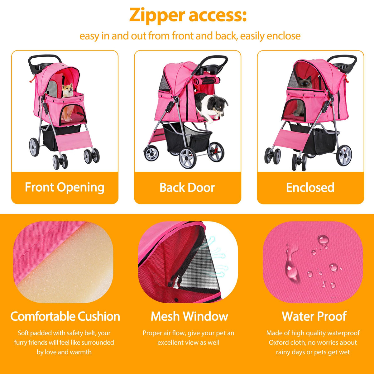 4 Wheels Folding Dog Stroller with Storage Basket, Pink C55872