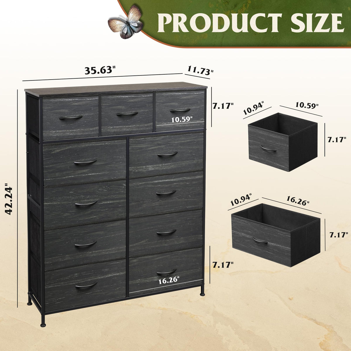 Black 11 Drawer Fabric Dresser T850878