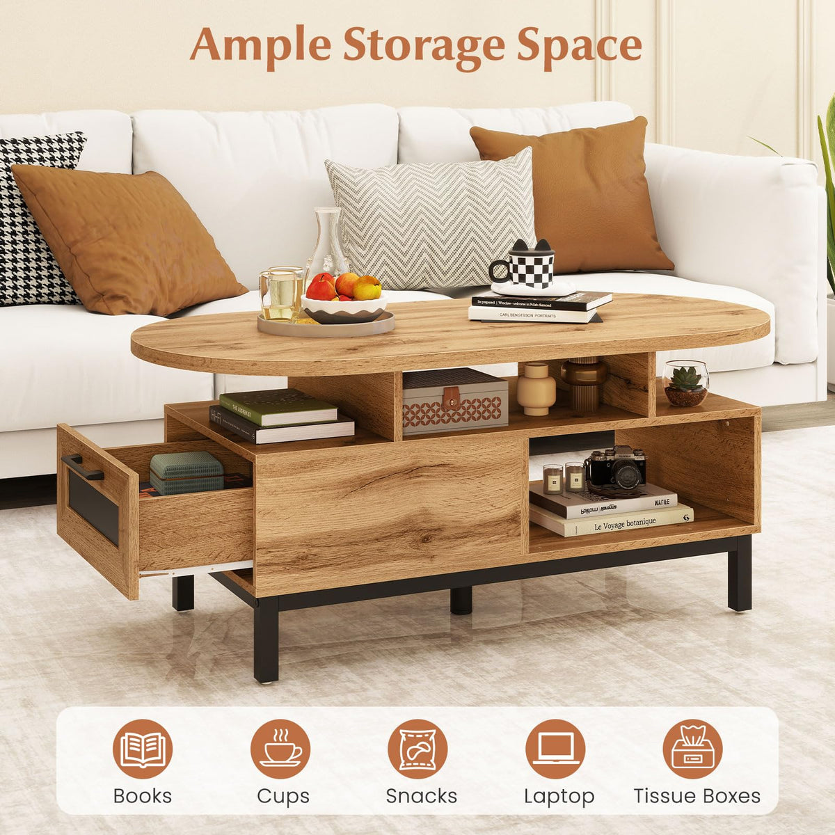 47" Oval Wood Coffee Table with Storage U588