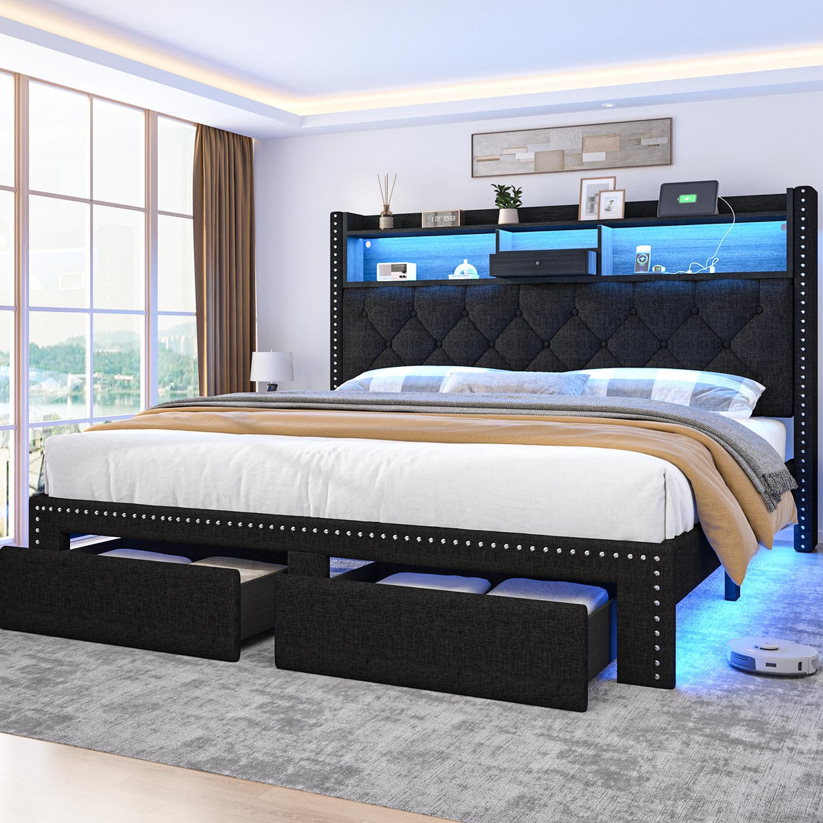 Queen Size Black Upholstered Platform Bed Frame with Storage Headboard and 2 Drawers E5113