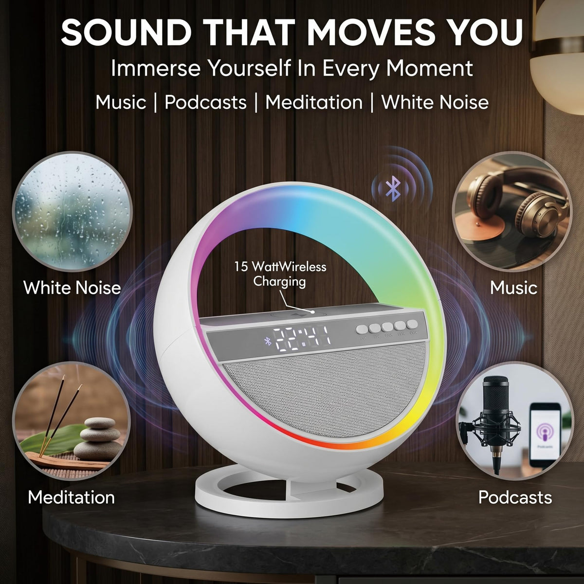 6-in-1 RGB LED Table Lamp with Bluetooth Speaker & Wireless Charging I151