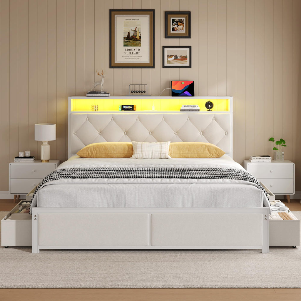 Queen Size Bed Frame with Headboard, Storage Drawers, Charging Station, Led Lights, Metal Structure, Beige E909