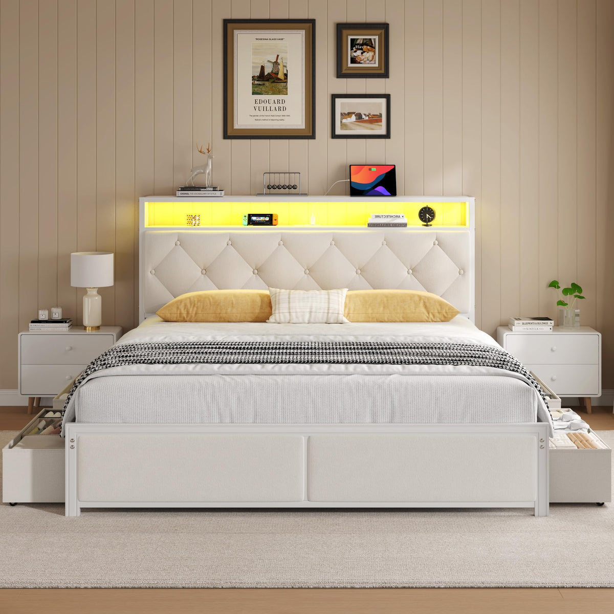 Queen Size Bed Frame with Headboard, Storage Drawers, Charging Station, Led Lights, Metal Structure, Beige E909