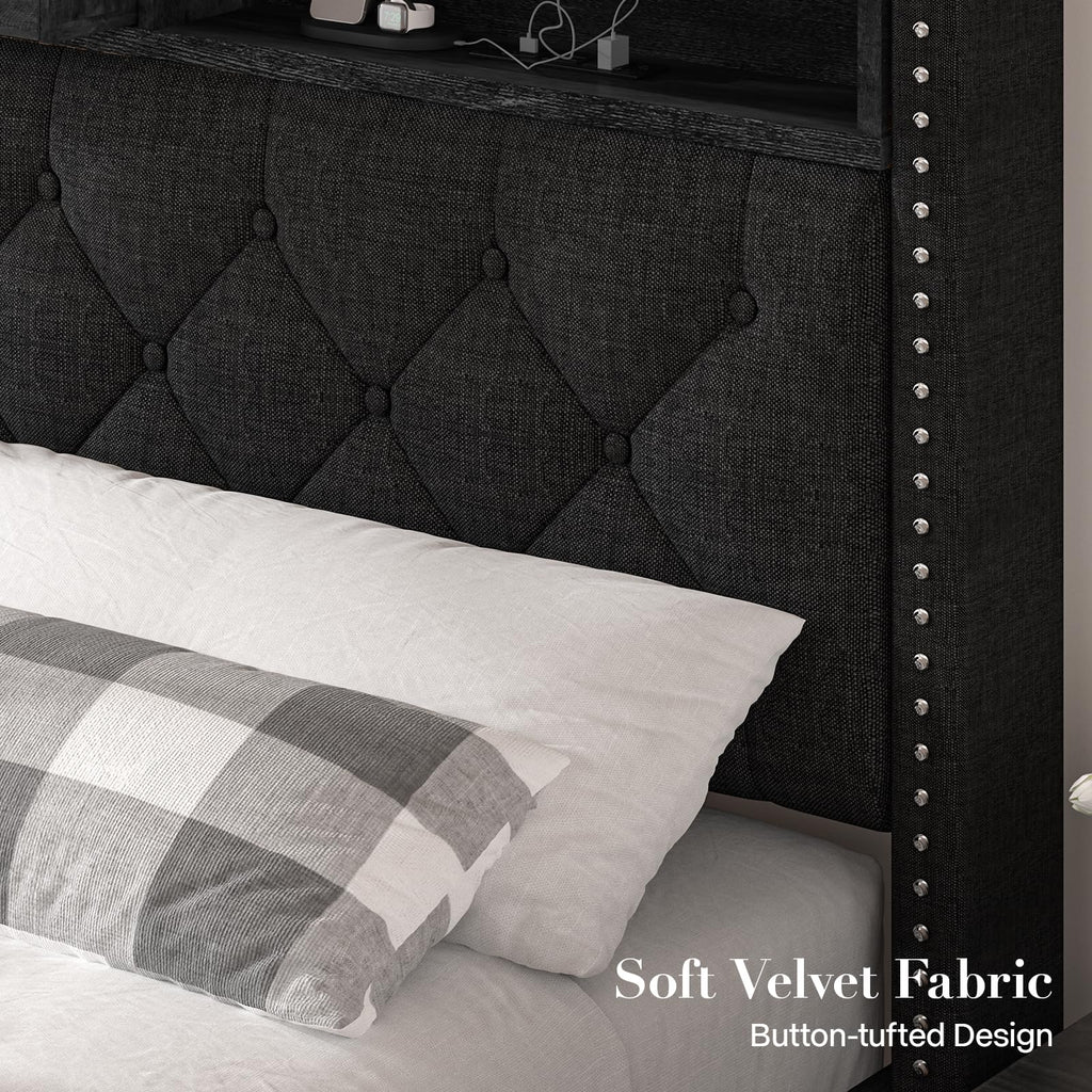 Queen Size Black Upholstered Platform Bed Frame with Storage Headboard and 2 Drawers E5113