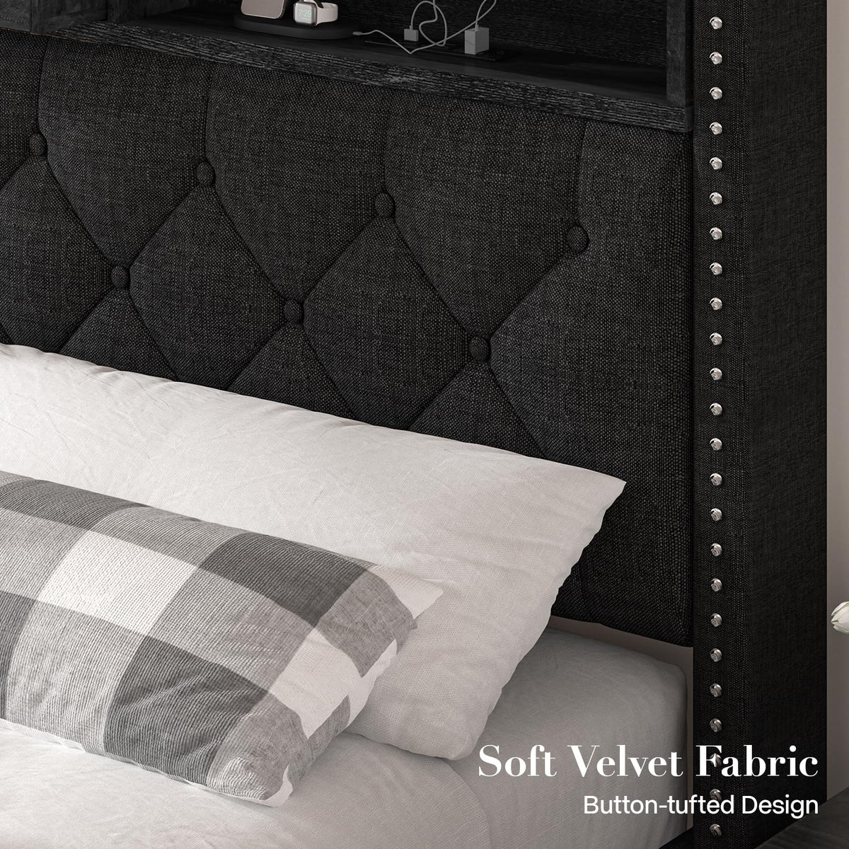 Queen Size Black Upholstered Platform Bed Frame with Storage Headboard and 2 Drawers E5113