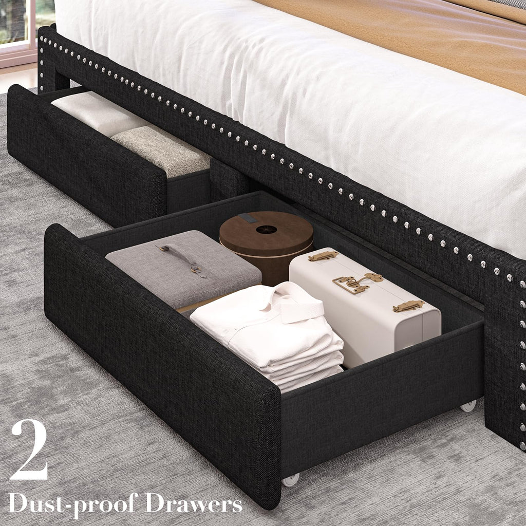 Queen Size Black Upholstered Platform Bed Frame with Storage Headboard and 2 Drawers E5113