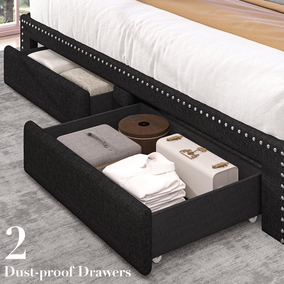 Queen Size Black Upholstered Platform Bed Frame with Storage Headboard and 2 Drawers E5113