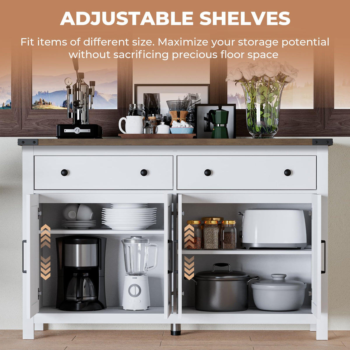 White Wood Buffet Cabinet with 2 Drawers and 4 Barn Doors U6383