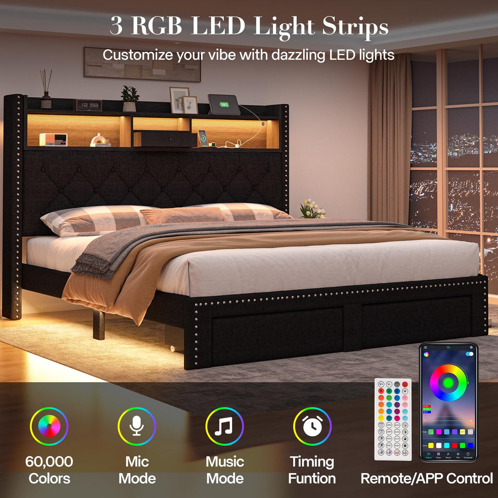 Queen Size Black Upholstered Platform Bed Frame with Storage Headboard and 2 Drawers E5113