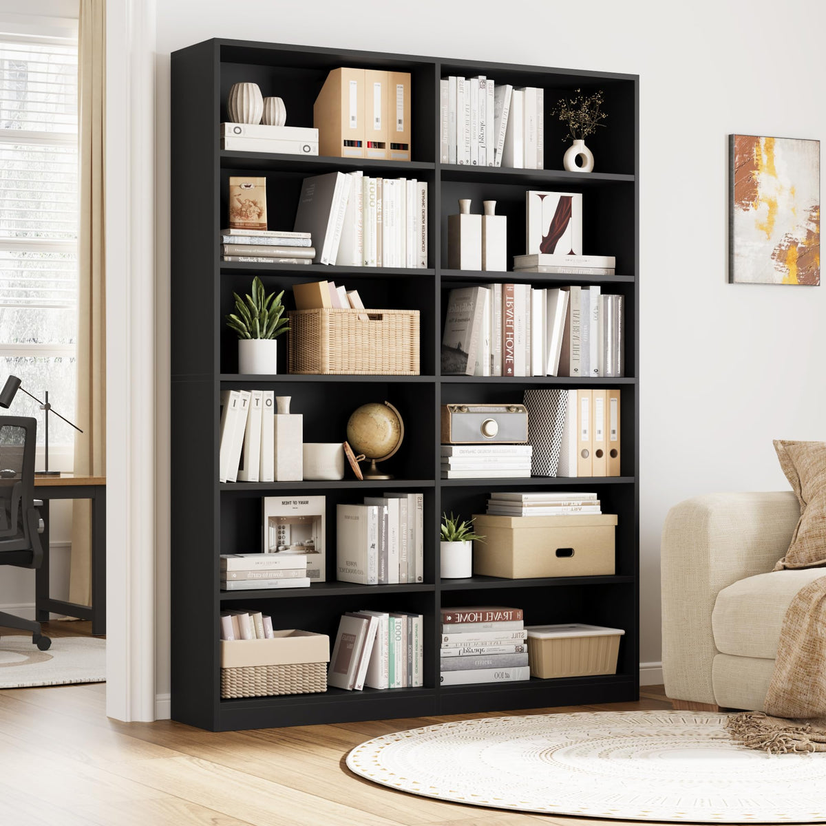 Black 6-Tier Double Wide Bookshelf T731345
