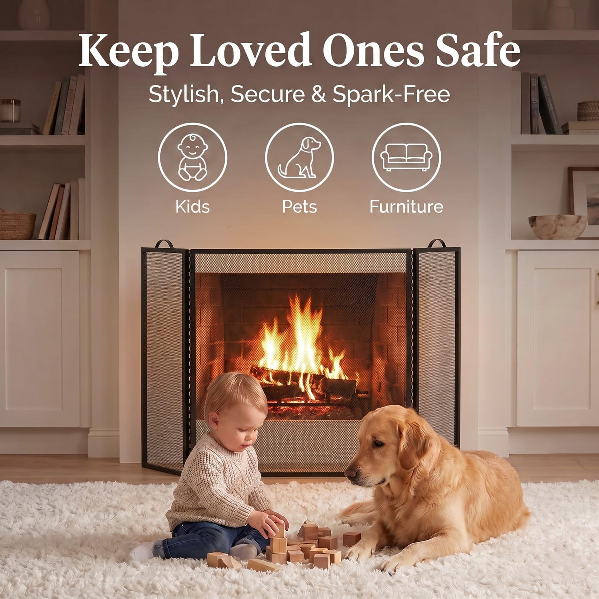 Metal Fireplace Screen 3 Panel Black H250887