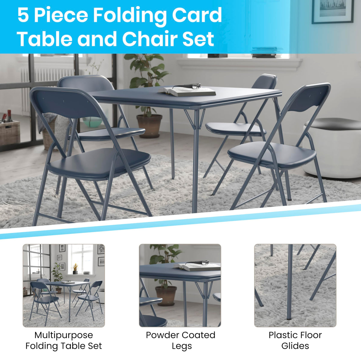 Navy Square Folding Card Table and Chairs Set P887