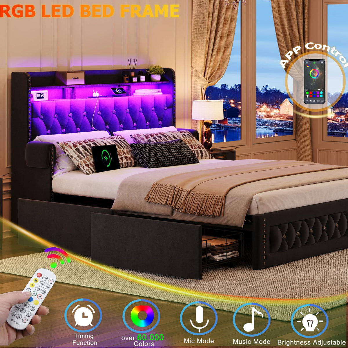 Queen Size Velvet Upholstered Platform Bed with 4 Storage Drawers C485057