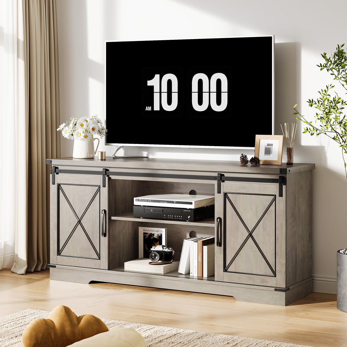 Farmhouse TV Stand 65+ inch with Sliding Barn Doors and Storage Cabinets L9457