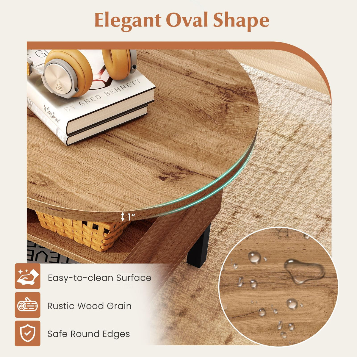47" Oval Wood Coffee Table with Storage U588