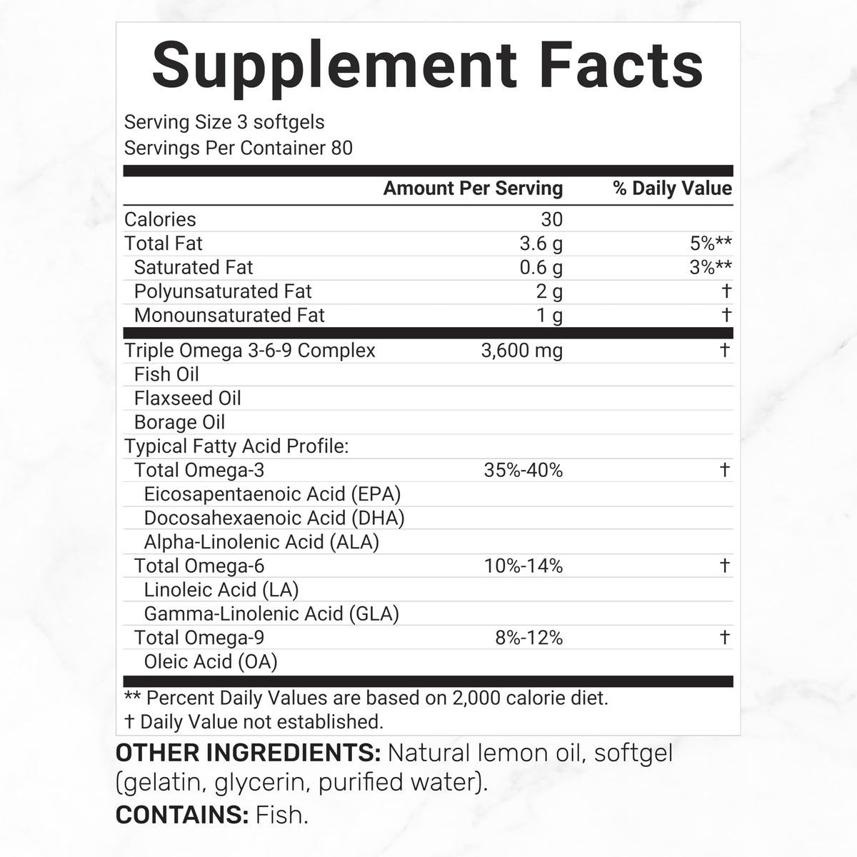 Omega 3-6-9 Fish Oil 3,600mg 240 Softgels Lemon Flavored M2059