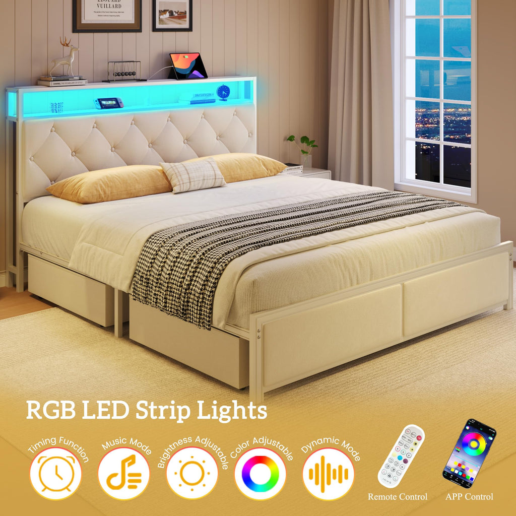 Queen Size Bed Frame with Headboard, Storage Drawers, Charging Station, Led Lights, Metal Structure, Beige E909