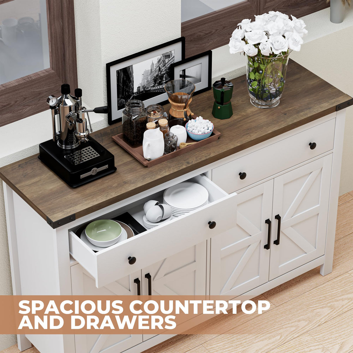 White Wood Buffet Cabinet with 2 Drawers and 4 Barn Doors U6383