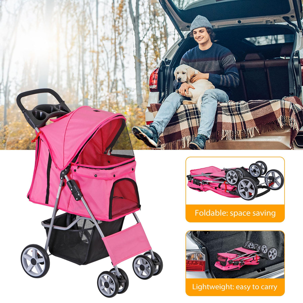 4 Wheels Folding Dog Stroller with Storage Basket, Pink C55872
