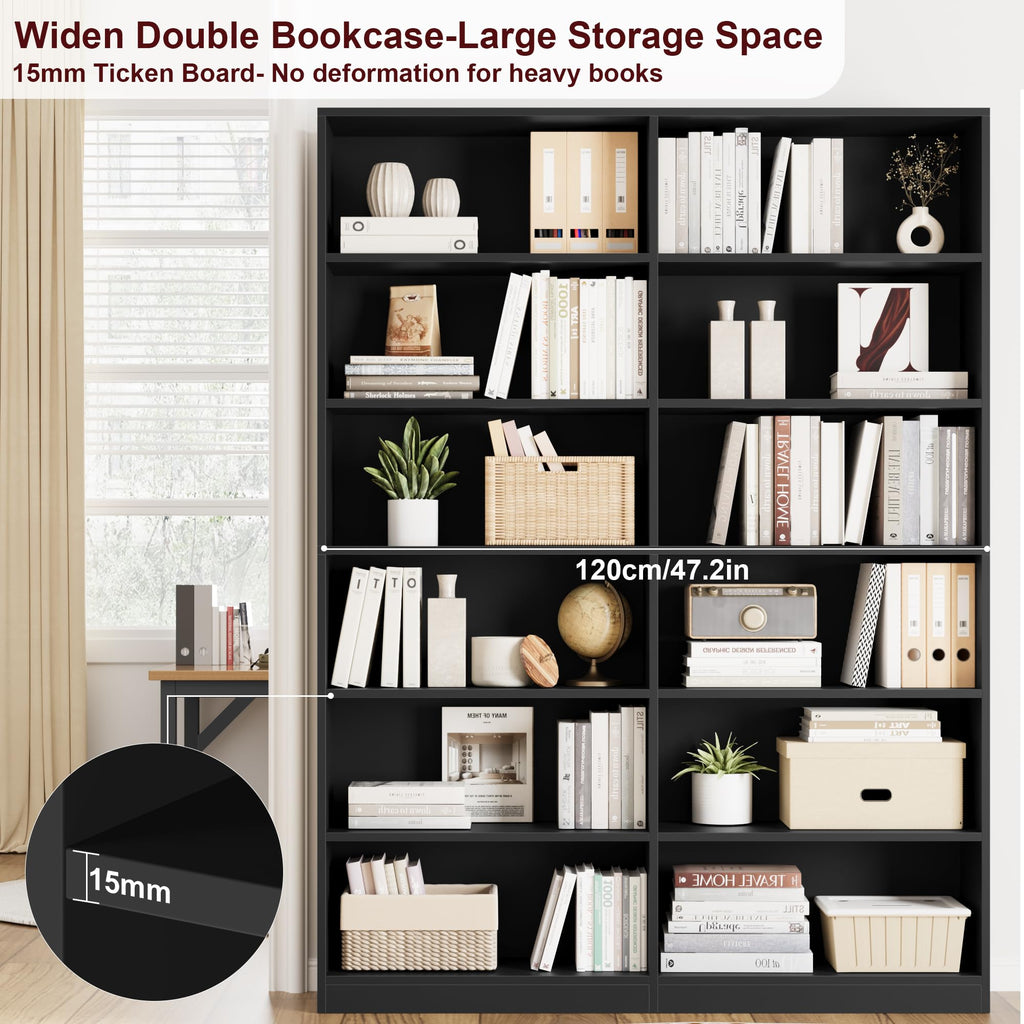 Black 6-Tier Double Wide Bookshelf T731345