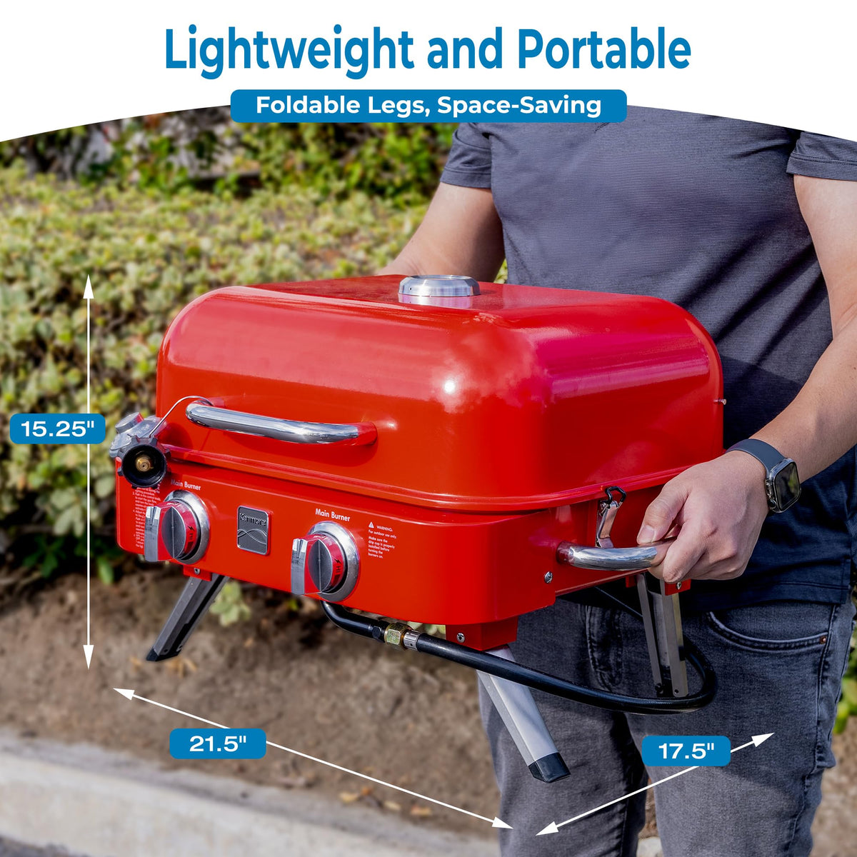 Portable Propane Gas Grill with Warming Rack, 2 Stainless Steel Burners, 14,000 BTUs, Red E7580