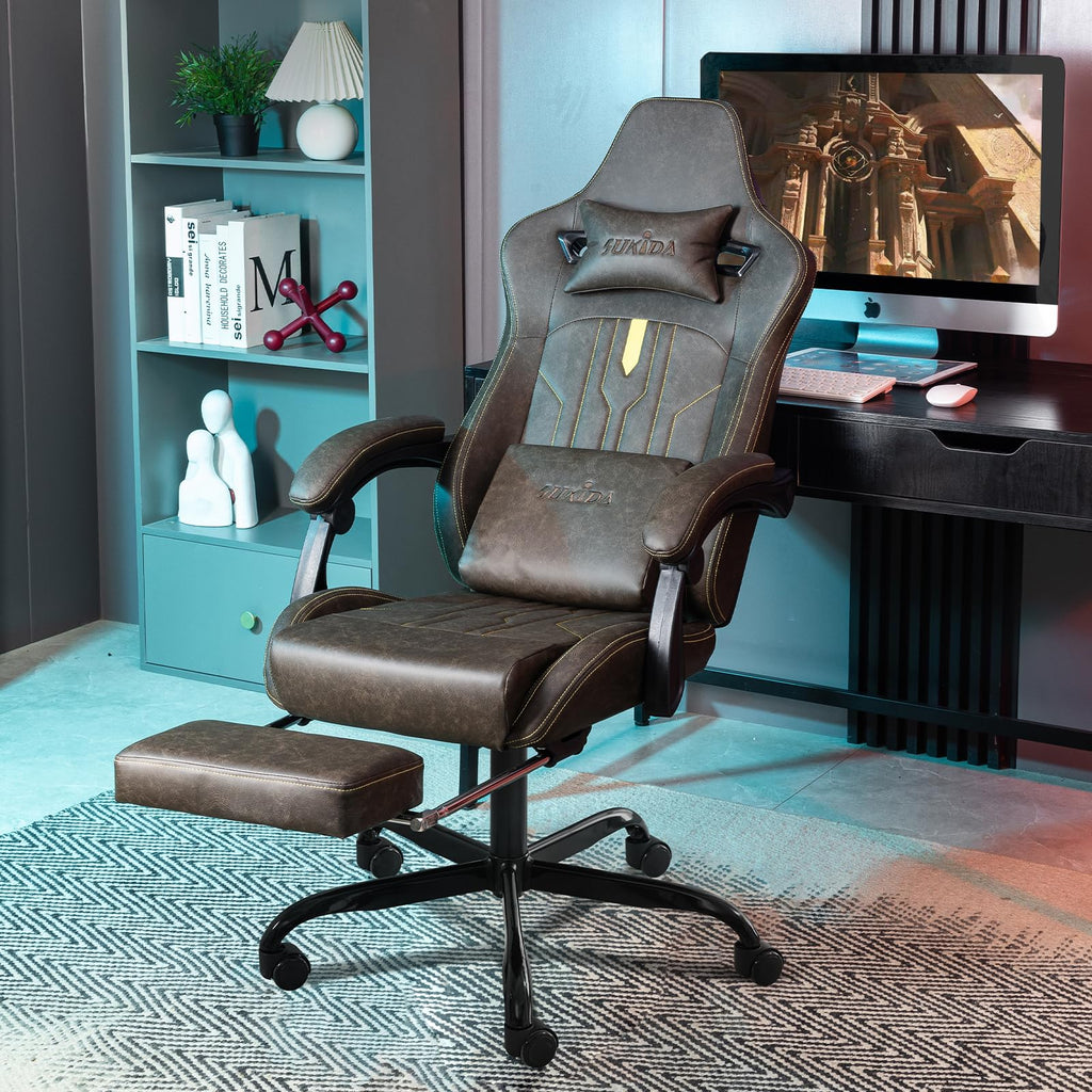 Brown Ergonomic Gaming Chair with Footrest and Massage Lumbar Cushion T3876