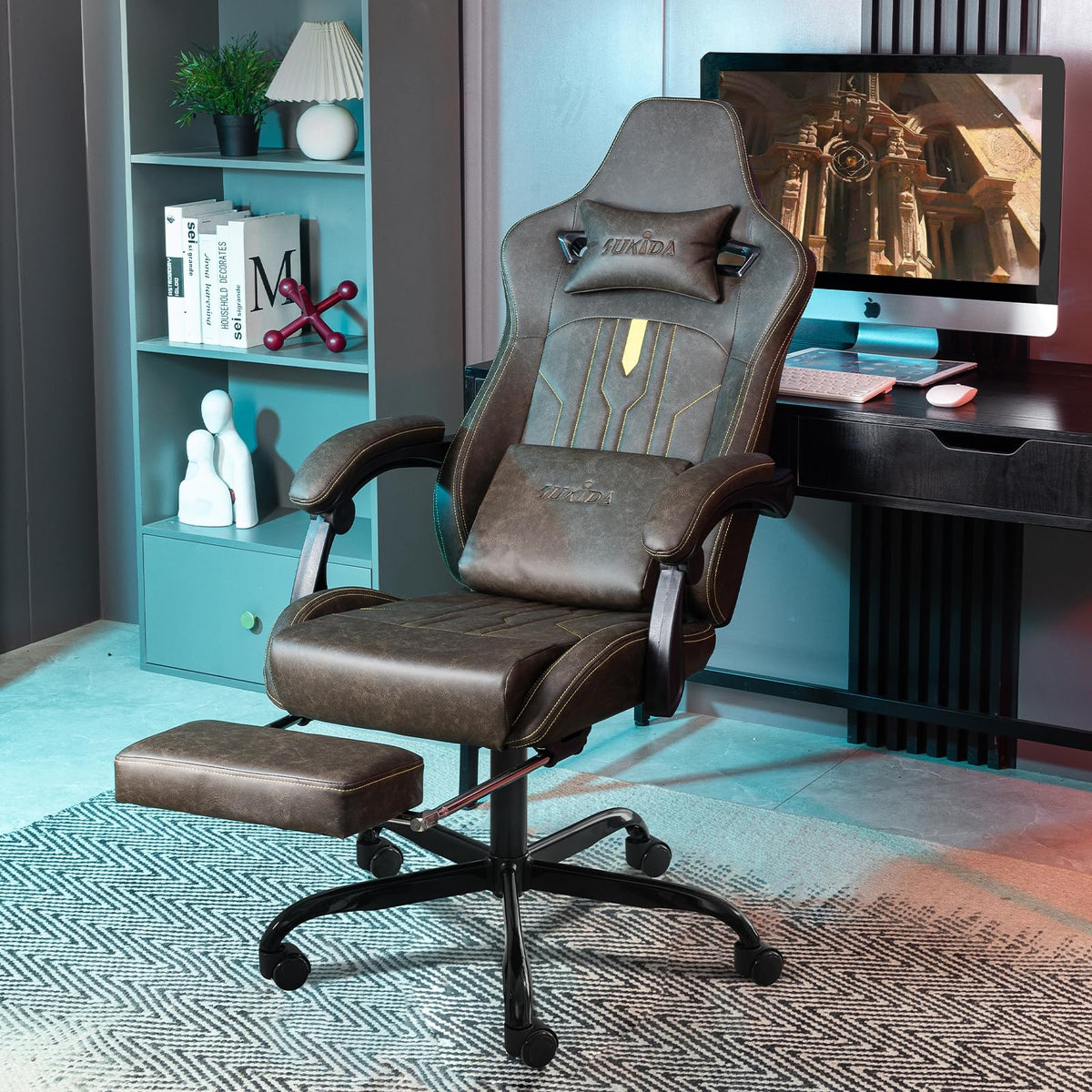 Brown Ergonomic Gaming Chair with Footrest and Massage Lumbar Cushion T3876