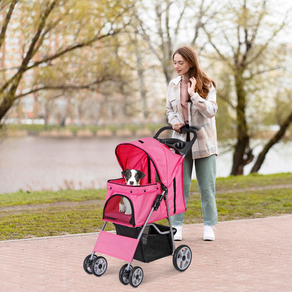 4 Wheels Folding Dog Stroller with Storage Basket, Pink C55872