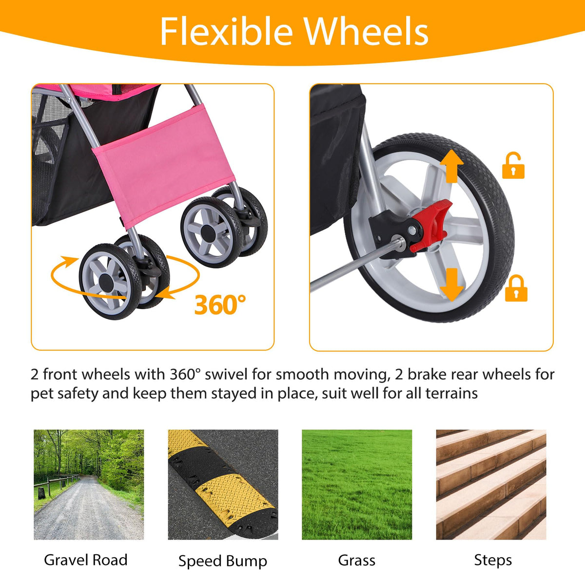 4 Wheels Folding Dog Stroller with Storage Basket, Pink C55872
