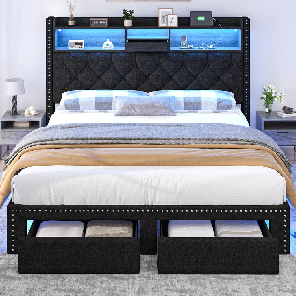 Queen Size Black Upholstered Platform Bed Frame with Storage Headboard and 2 Drawers E5113