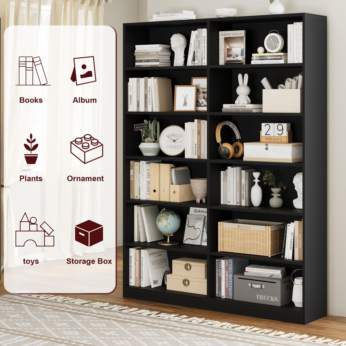 Black 6-Tier Double Wide Bookshelf T731345