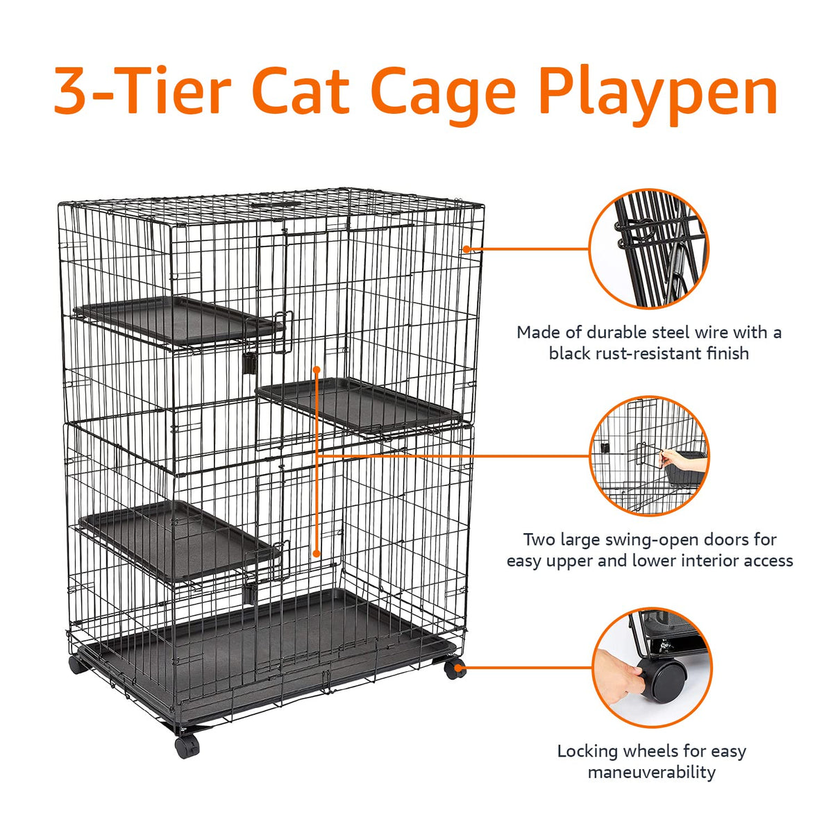 Large 3-Tier Cat Cage Playpen with Removable Tray, Black I141