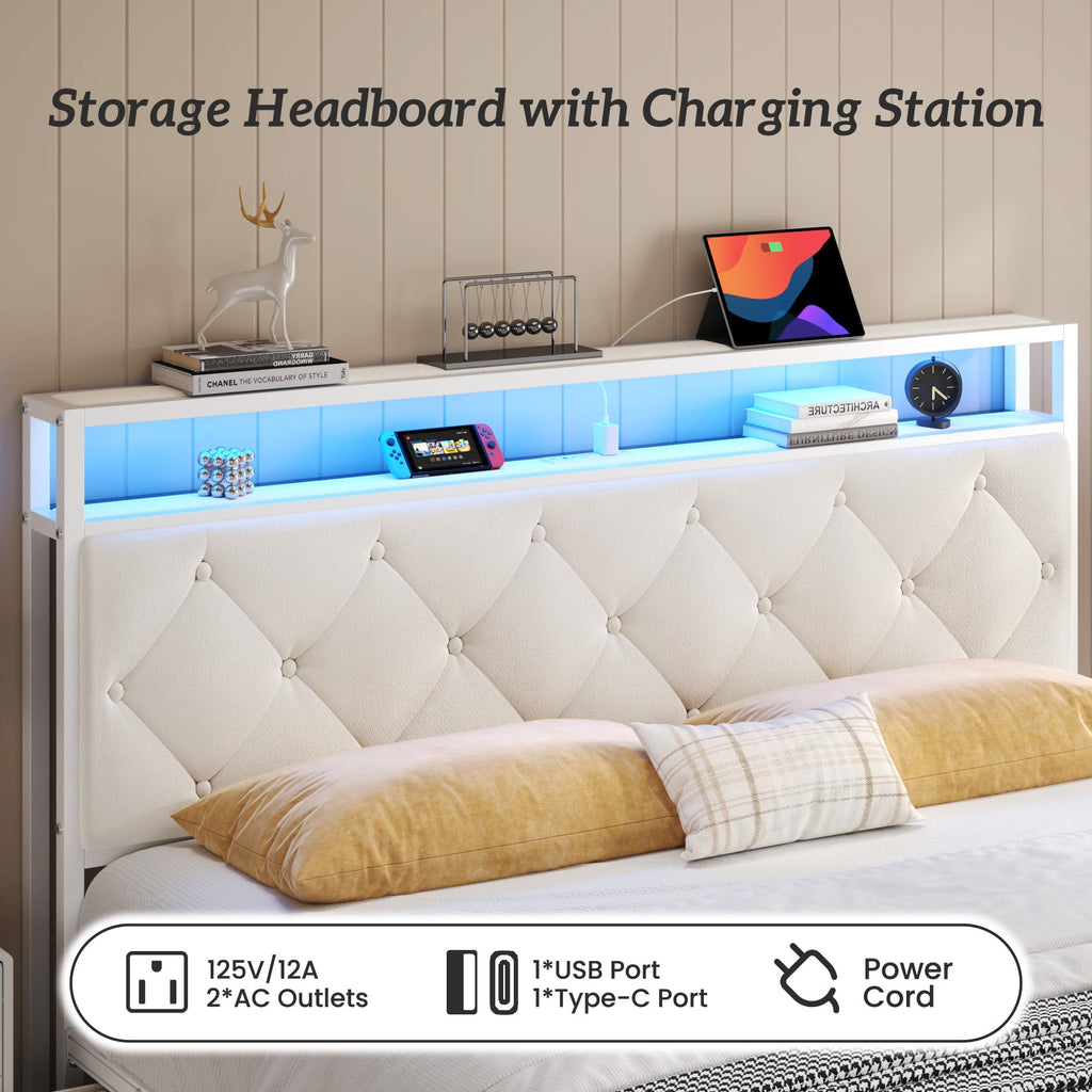 Queen Size Bed Frame with Headboard, Storage Drawers, Charging Station, Led Lights, Metal Structure, Beige E909