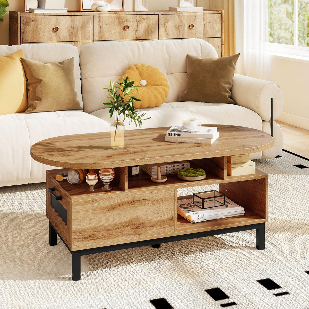 47" Oval Wood Coffee Table with Storage U588